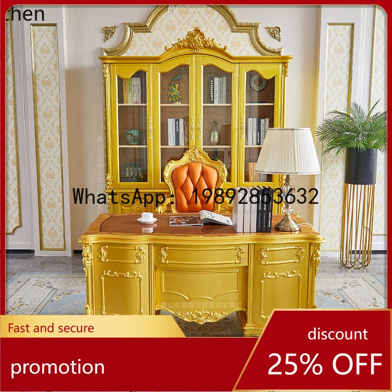 YFY Genuine Leather Office Chair Solid Wood Carved French Style Office Desk Wooden Surface Inlaid Rotating Genuine Leather Desk