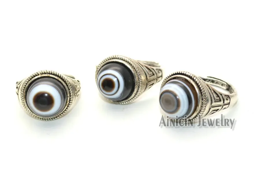 Natural Black Agate Single Eyes Tibetan Dzi Beads Ancient Silver Color Adjustable Finger Rings For Men\'s Wild Jewelry Gift