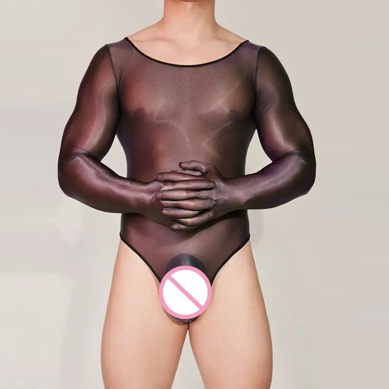 Oil Shiny Bodysuit for Men Comfortable Pajamas Sheer See Through Five Fingers Glove Leotard Male Breathable Lingerie Shapewear