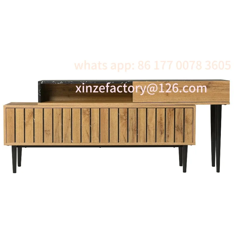 

Customizable TV wardrobe TV stand with wood grain design PVC edge iron legs nature