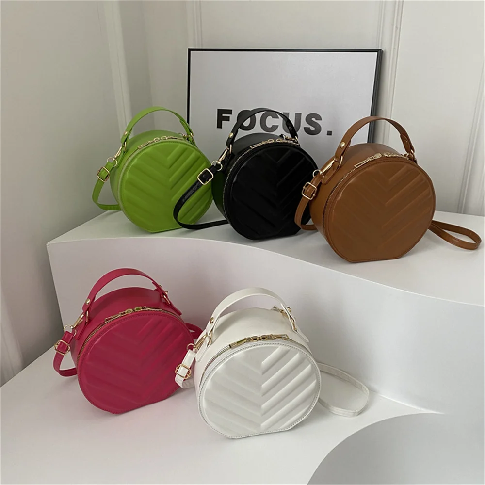 Fashion Round Shoulder Bag For Women Simple Mini Leisure Crossbody Bag Solid Color PU Leather Handbag Double Zipper Design Purse