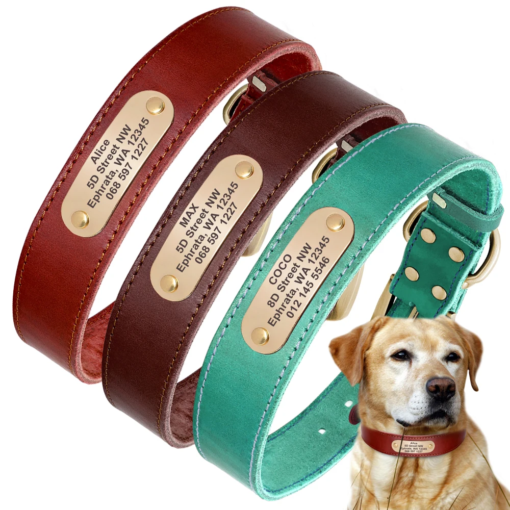 Real Leather Dog Collar Personalized  Pet ID Collars Custom Engraved Tag for Small Large Dogs Pitbull German Shepherd XXS-XL