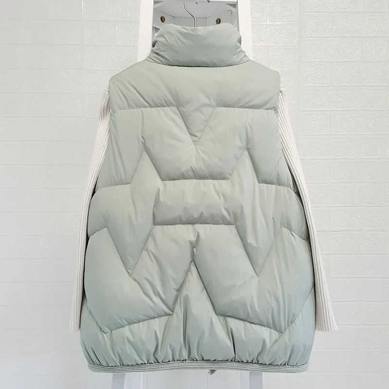 Casaco de pato branco ultra leve para baixo feminino, colete curto, solto, zíper, jaqueta puffer sem mangas, colete, outwear, outono, inverno, C50