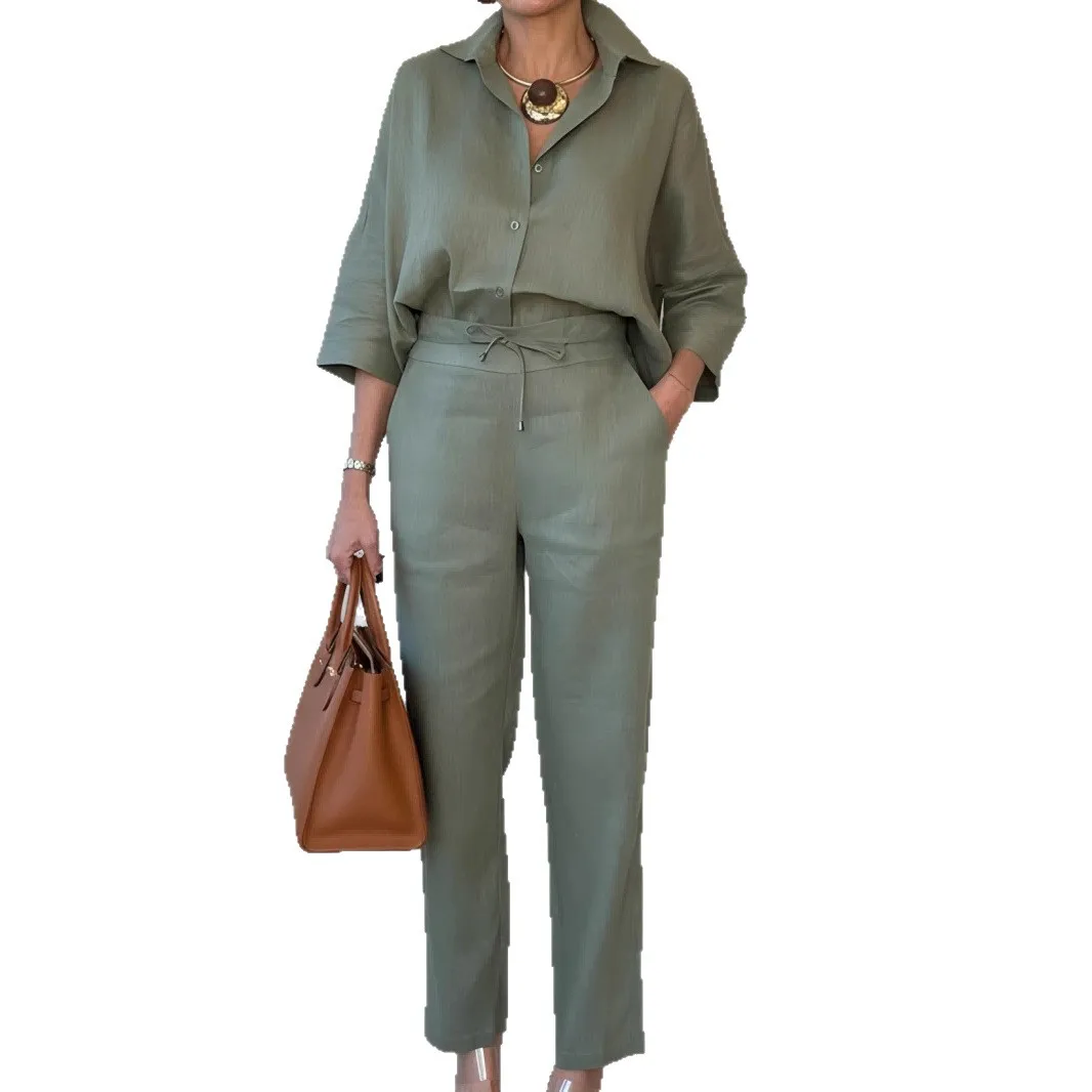 

2025 Новая женская элегантная однотонная льняная рубашка с лацканами и брюки, костюм-двойка
