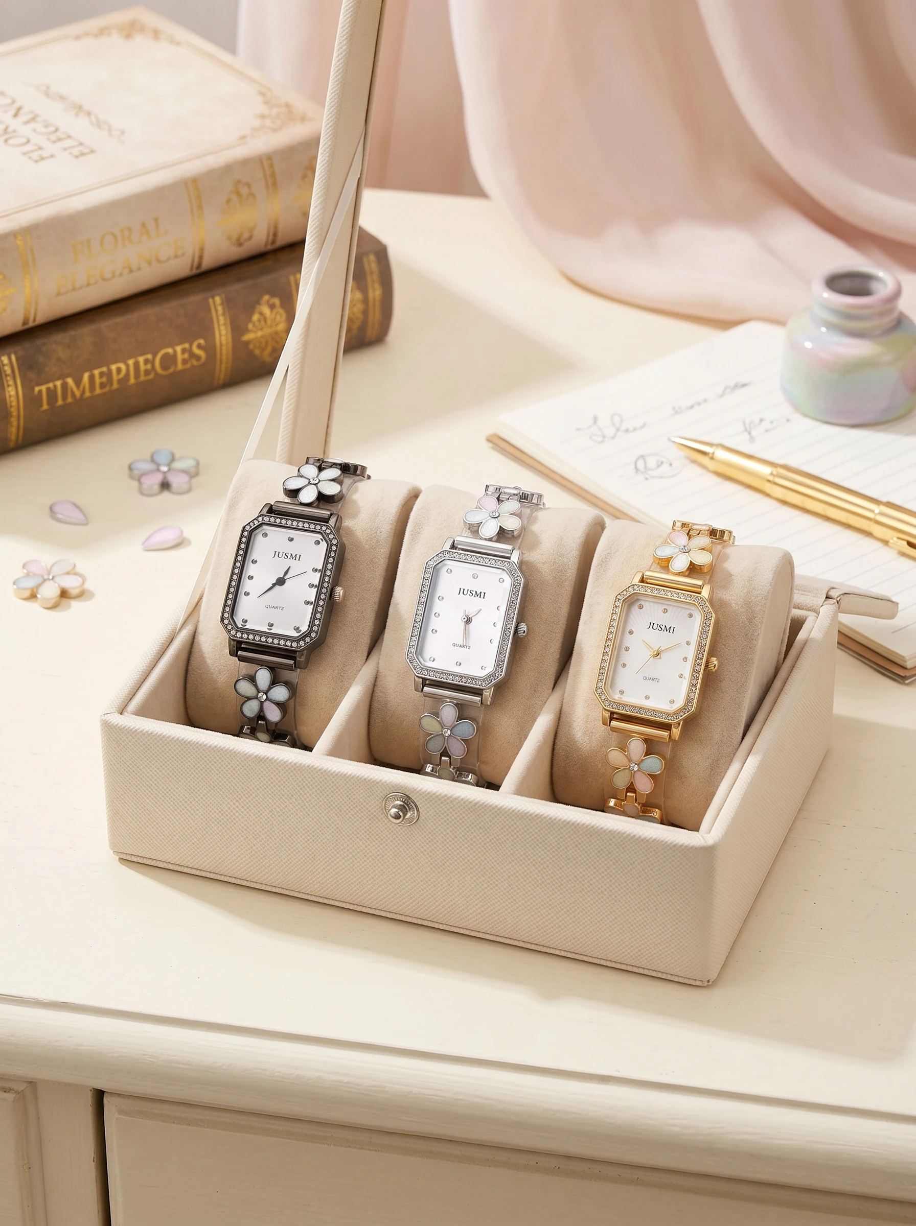

JUSMI 3pcs/set Women's Flower Crystal Square Watch Set, No Box, Elegant Quartz Wristwatch For Back To School, Vacation & Holiday