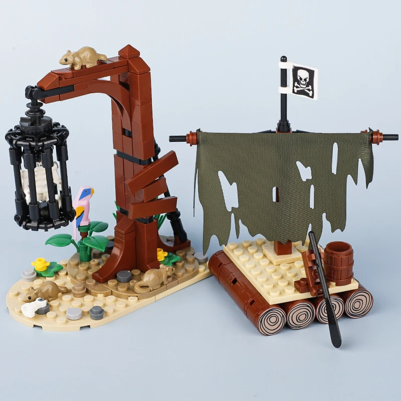 Moc Piraten insel Floß Bausteine Kit Segel Schiff Galgen Baum Guillotine Gefängnis Käfig Papagei Holzhaus Boot Ziegel Spielzeug