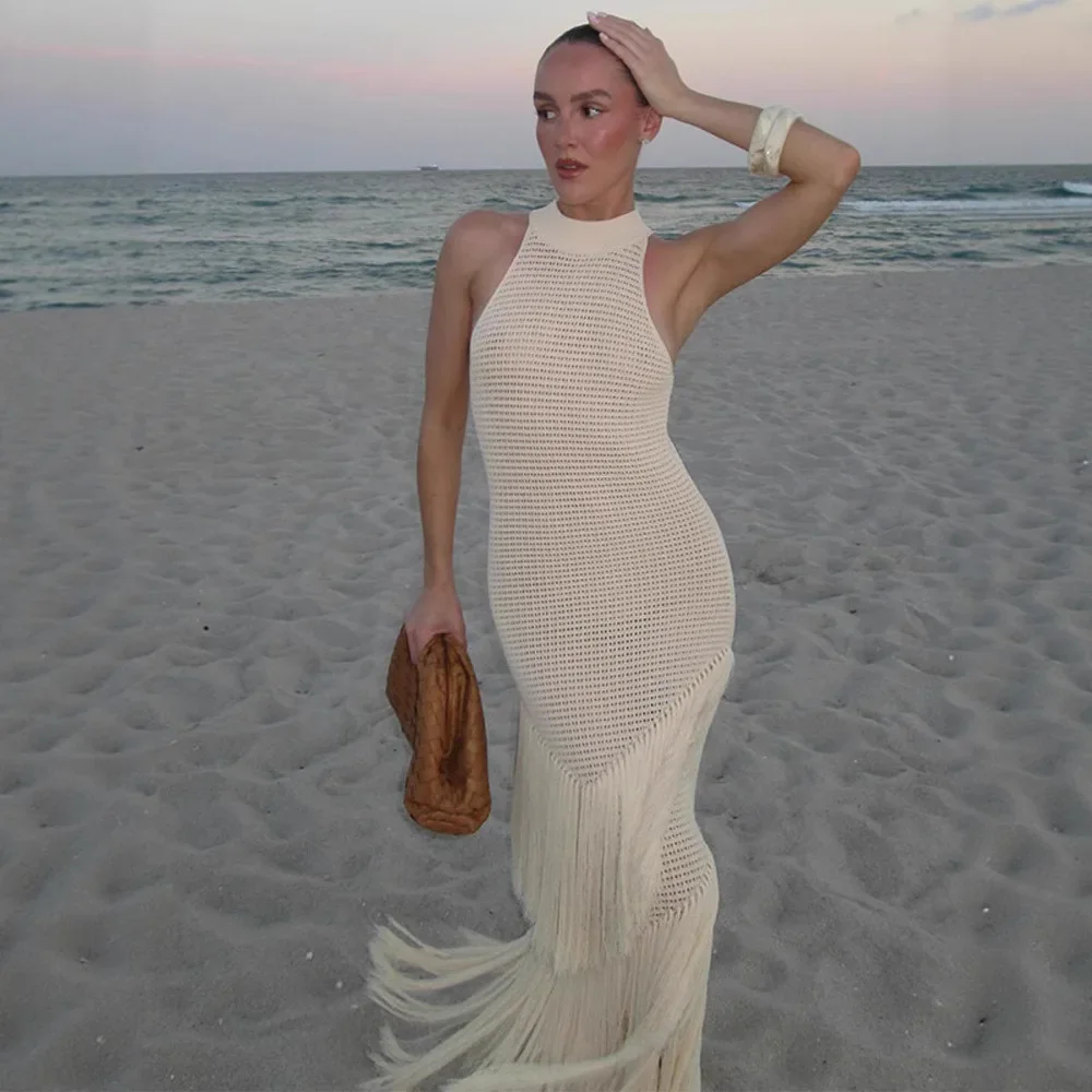 Moda feminina em camadas borla oco malha maxi vestido o pescoço sem mangas bodycon férias praia longo robe alta estiramento vestidos