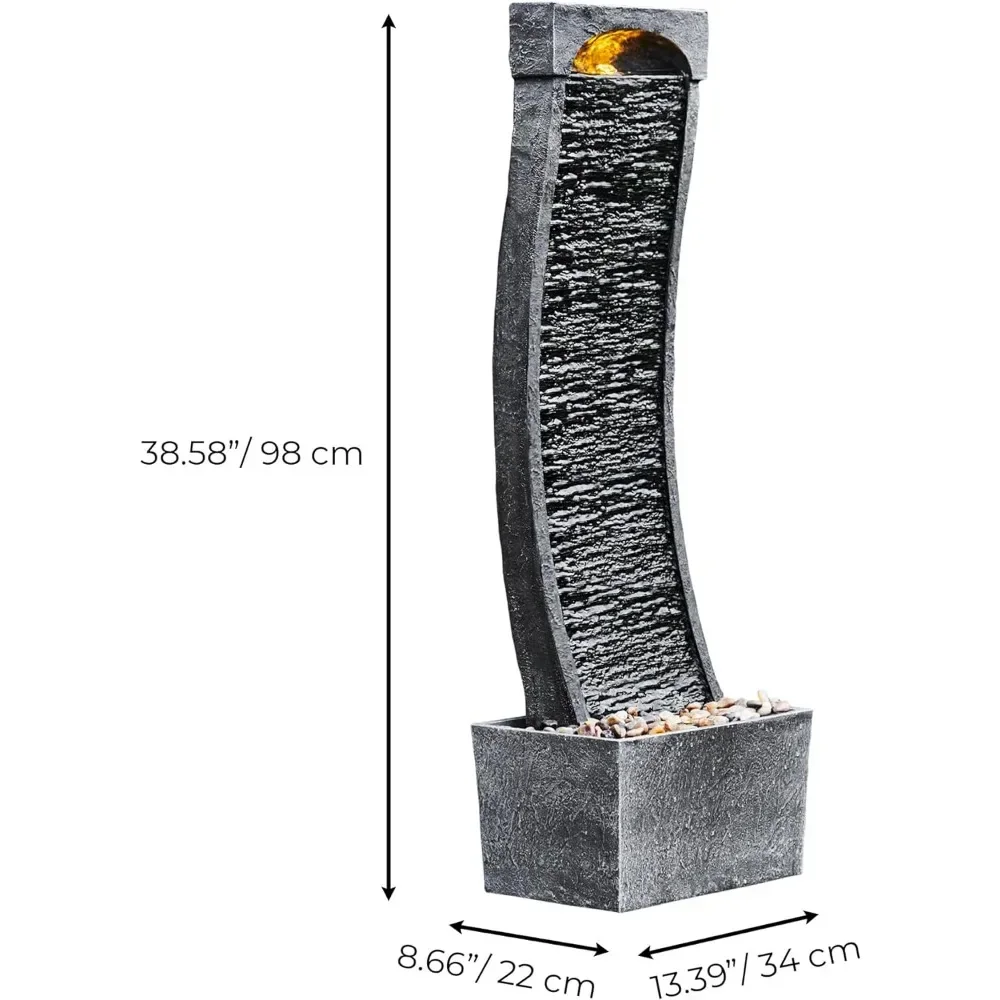 38.58เข้ามาน้ำพุน้ำตกเทียมหินชนวนแบบโค้งที่ทันสมัยสำหรับในบ้านหรือกลางแจ้งพร้อมไฟ LED เน้นและปั๊ม1.98แกลลอน