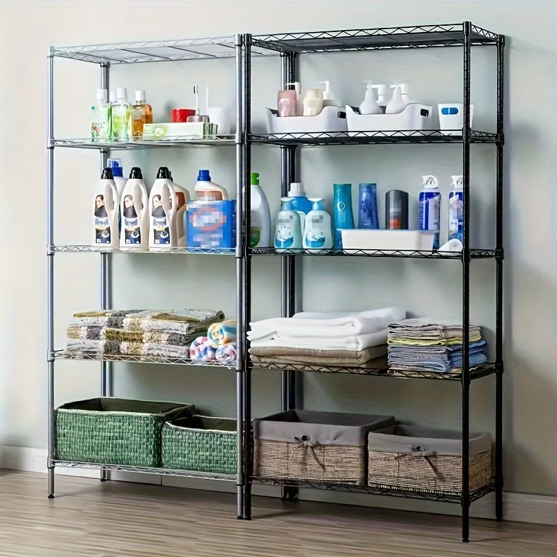 Sturdy 5-Tier Metal Storage Rack with Solid Wire Shelving - Durable, Easy Assembly Organizer for Home & Office, Utility Hooks