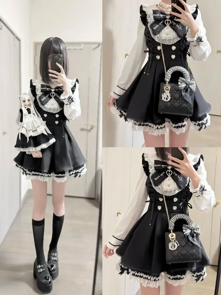 Japanese Y2 Aesthetics Vintage Bow Dress Shorts Set Women Gothic Lolita Style Long Sleeve Shirt Dress Elegant Party Dress Suits