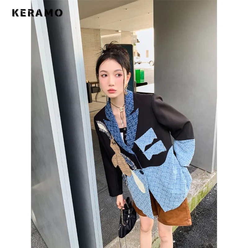 Women Harajuku Y2K Patchwork Notched Collar Long Sleeve Blazers 2023 Autumn Winter Vintage Casual Single Button Loose Suits