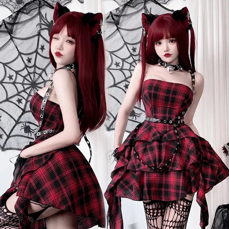 Women's Gothic Design Dresses 2024 New Solid Color Slim Puffy Dark Red Plaid Lolita Dresses Y2k Hotsweet Dress Female