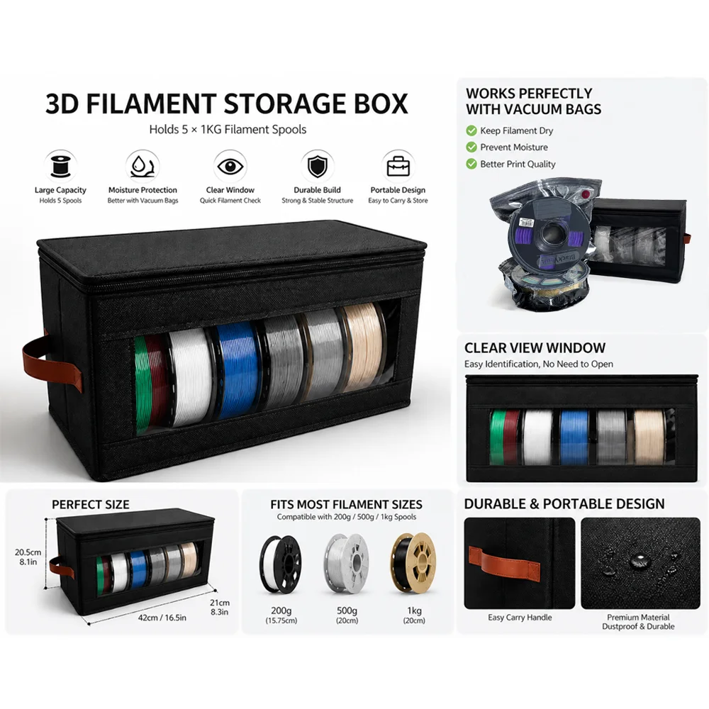 3D Printer Filament Storage Box Kit for 5 Spools with Vacuum Bags Electric or Manual Pump Sealing Clips Clear Window Organizer