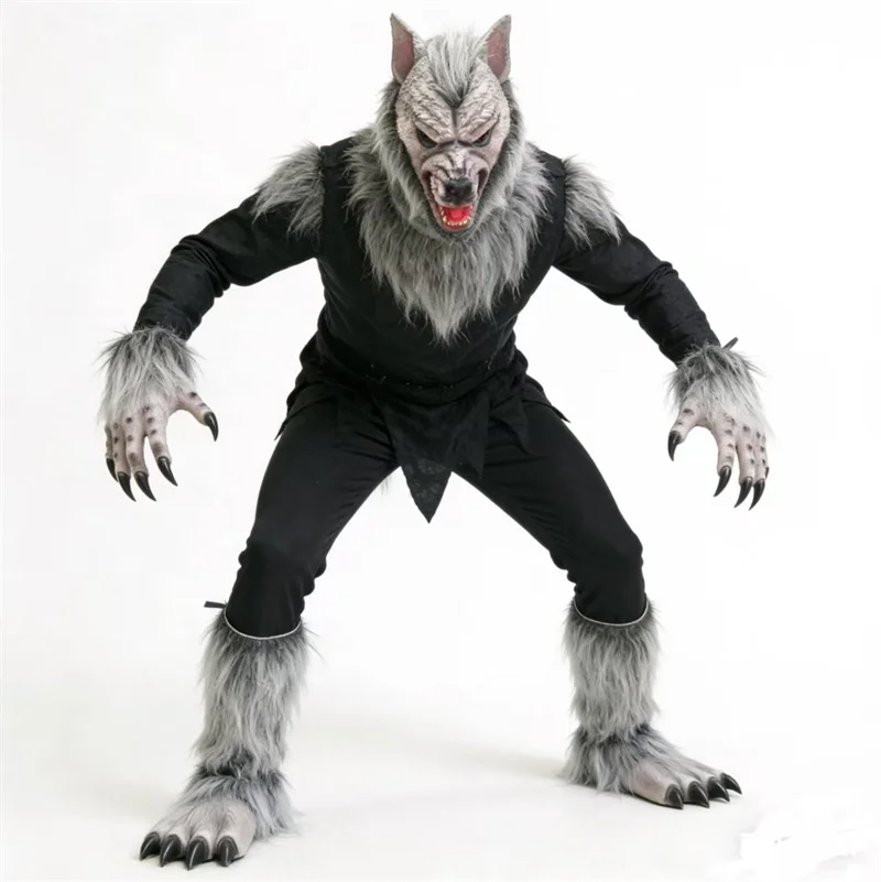 Werewolf Cosplay Mask Horror Punk Animal Full Set Fur Wolf Paw Gloves Foot Covers Halloween Scary Masquerade Carnival Party Prop