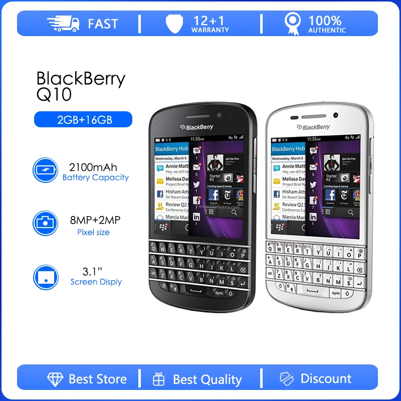 Восстановленный Оригинальный сотовый телефон Blackberry Q10-1-3-5 Q10, 3,1 дюйма, двухъядерный, 8 Мп, 2 Гб ОЗУ, 16 Гб ПЗУ, 3G и 4G, GPS, Wi-Fi,
