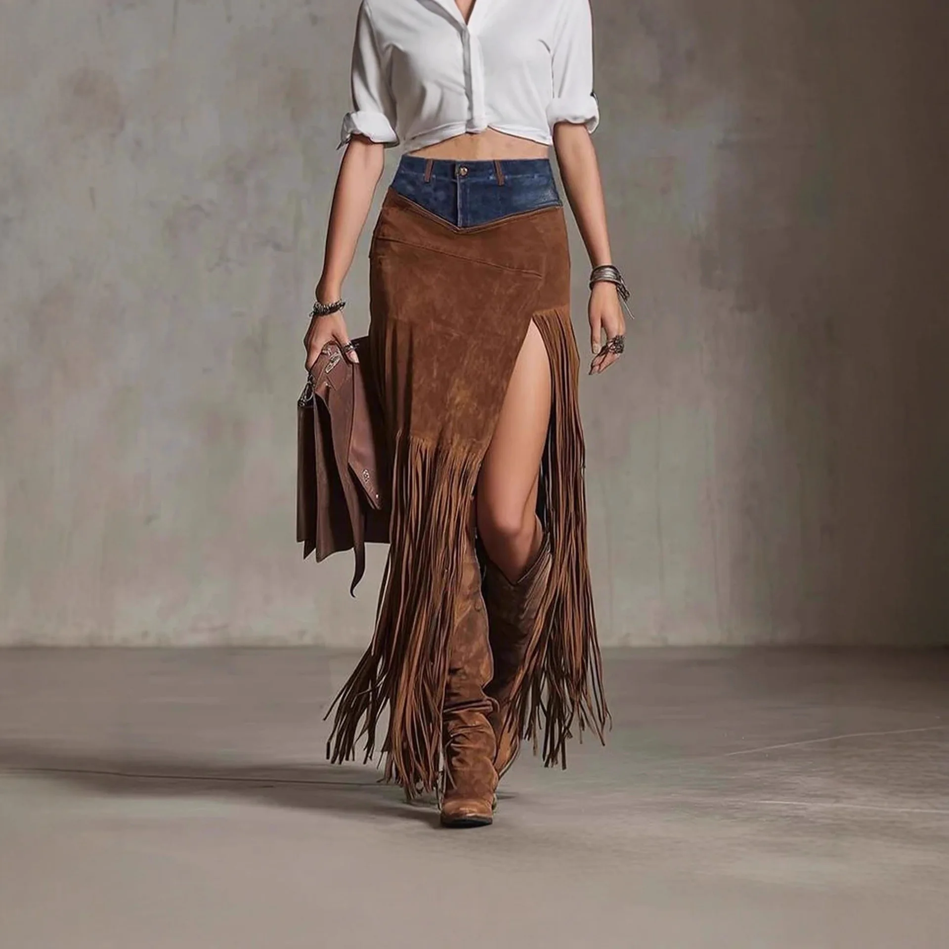 

Women's Skirts Y2k Clothes Long Women Skirts New Tassel Spliced ​​denim Hem Irregular Suede Brown Skirt Sexy Clothes For Women's