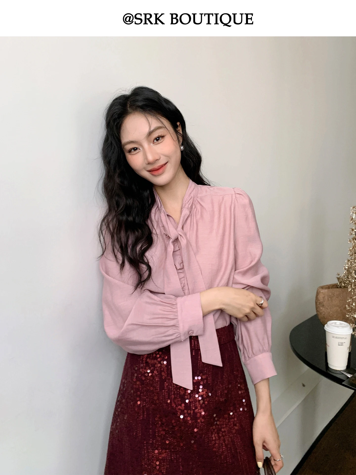 

Женский топ Ele Pink Long Sleeve V-Neck Knot SRK, модный, весенне-осенний, удобный, дышащий, из полиэстера