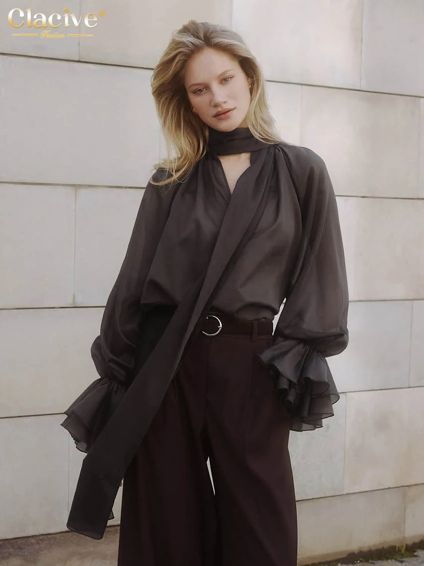 

Clacive модная свободная коричневая женская рубашка 2026 повседневная женская рубашка с воротником-бабочкой и длинными рукавами элегантный классический топ женская одежда