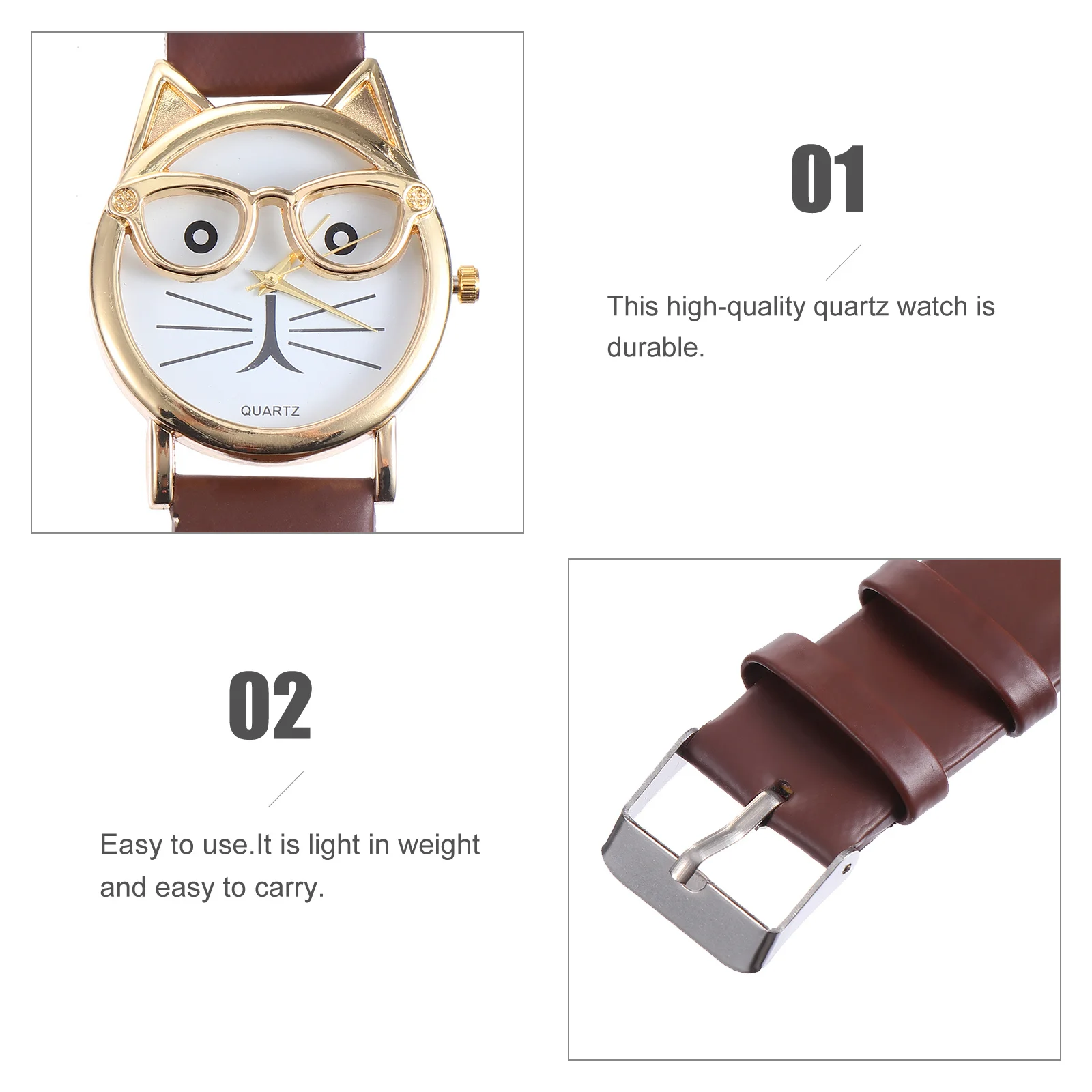 ساعة كوارتز بنمط قطة قطعة واحدة بحزام من البولي يوريثان، تصميم أنيق وخفيف الوزن مناسب للارتداء اليومي للمدرسة #4