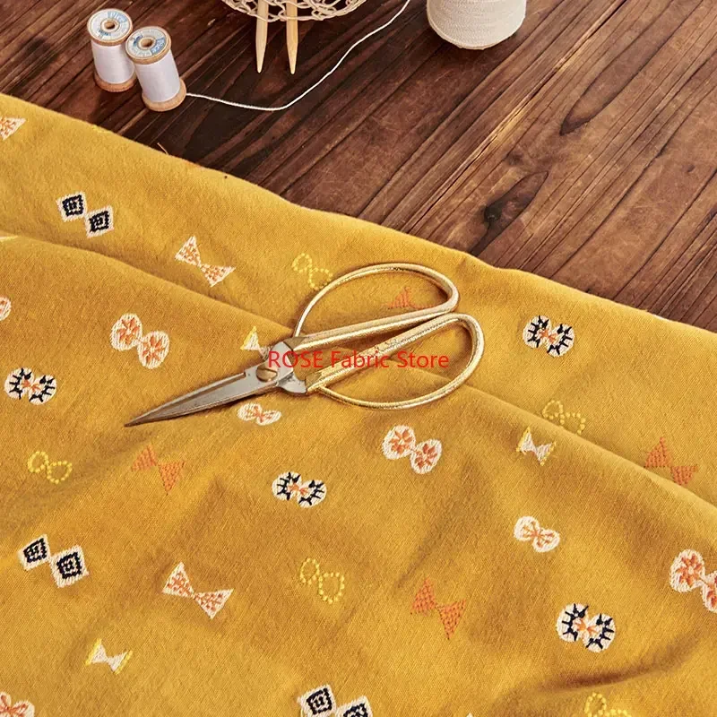 Flower Embroidery Cotton  Linen Fabric for Clothing Table Cloth Apron Throwing Pillow Handmade DIY Accessories