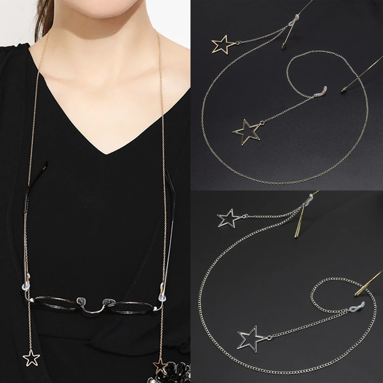 

70CM Gold Silver Color Glasses Chain For Women Hollow Star Pendant Anti-slip Sunglass Mask Lanyard Hanging Neck Eyewear Jewelry