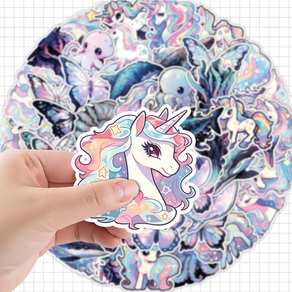 10/30/50pcs Holographic Laser Cartoon Unicorn Kawaii Stickers Laptop Suitcase Album Diary Phone Decoration Sticker for Kids Toys