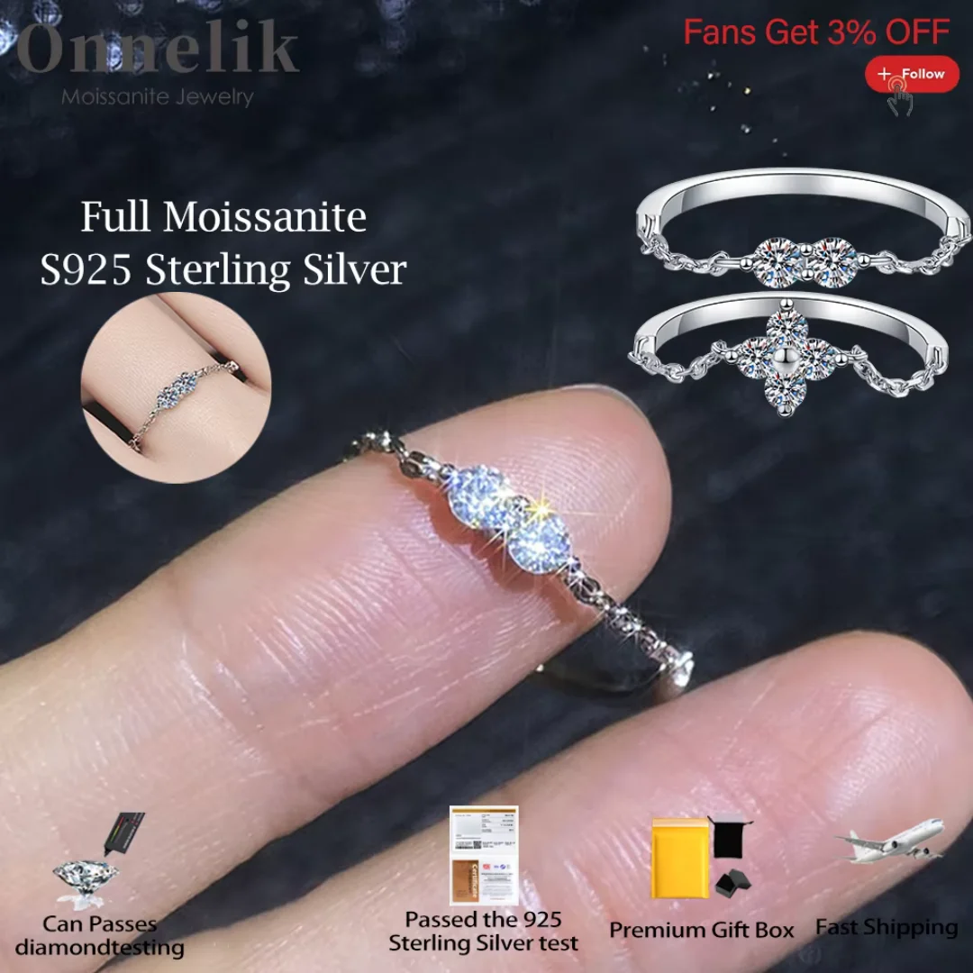 

Onnelik 100% стерлинговое серебро S925, полный цвет D, VVS1, кольцо-цепочка с муассанитом и бриллиантом для женщин, свадебная вечеринка, повседневные ювелирные изделия