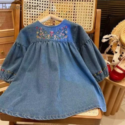 Humor Bear abbigliamento per bambini Autumnr girocollo abito in Denim a maniche lunghe ricamato floreale vestito da principessa per ragazze