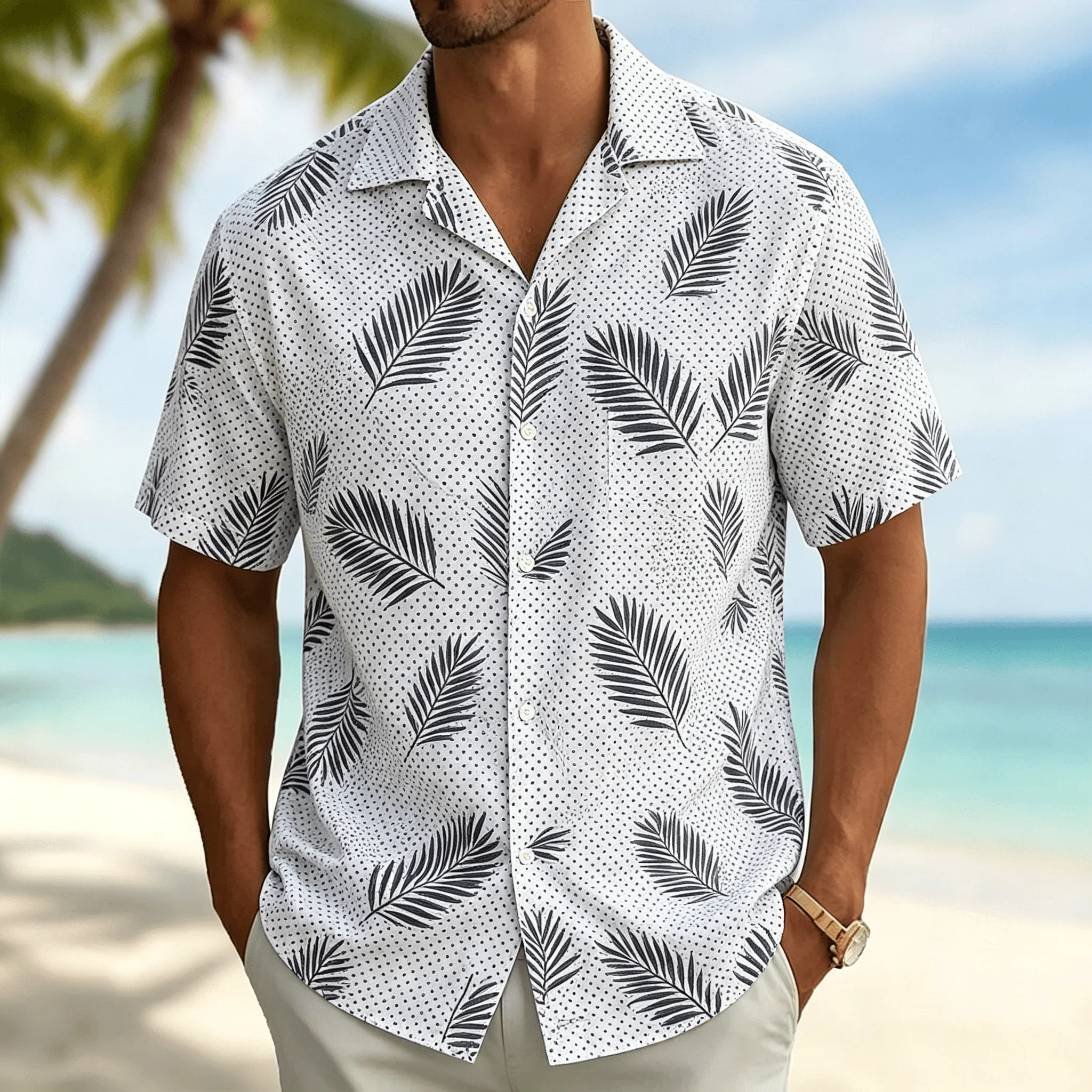 Men's Palm Leaf Print Short Sleeve Shirt, Casual Hawaiian Button Down Top, White Base Green Nature Design for Spring Summer