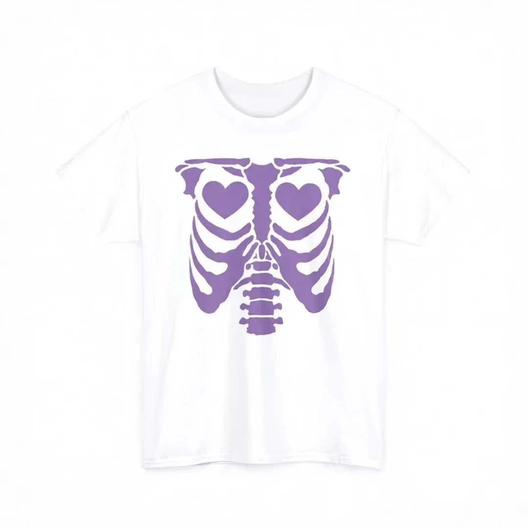 Pink Rib Skeleton Bat Print Women's Oversized T-shirt Halloween Pastel Goth Style Clothing Kawaii Streetwear Top Women Men's Tee