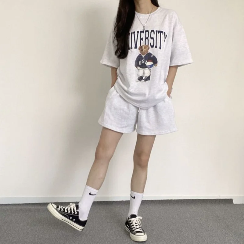 Summer Cotton Bear Print Short Sets Women 2023 New Casual Loose Two Pieces Short Sleeve T Shirt And High Waist Short Pants Suits