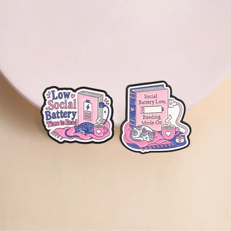 Social Battery Low Enamel Pins Reading Mode On Time To Read Cute Sleeping Cat Book Coffee Brooches Lapel Badge Jewelry Gifts