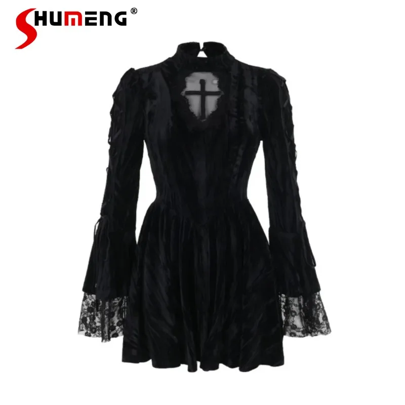 Gothic Black Velvet Long-sleeved Women's Slim Fit Elegant Short Dress Lady Subculture Harajuku Dress Spring and Autumn 2024