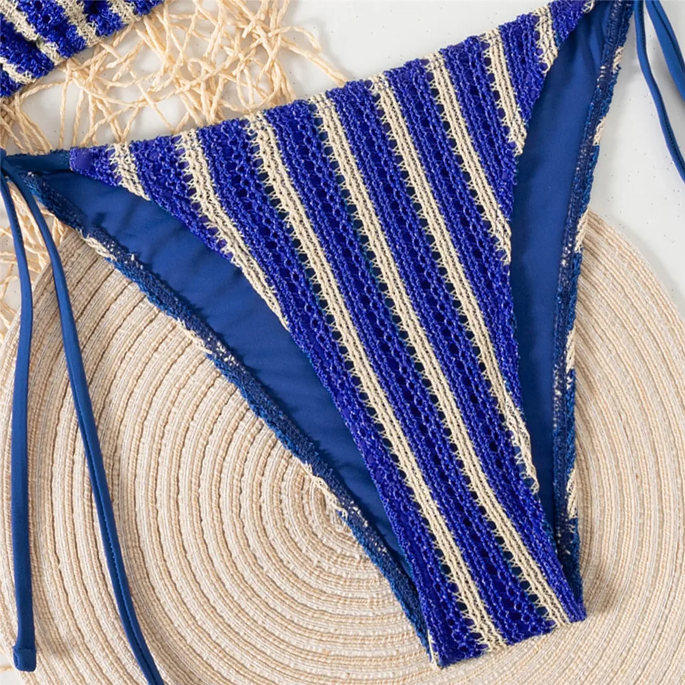 الأزرق مخطط ملابس سباحة محبوكة سلسلة الرسن ملابس سباحة نسائية صغيرة ثونغ مجموعة مثير ملابس السباحة النساء 2026 ثوب السباحة مثلث البيكينيات Mujer #4