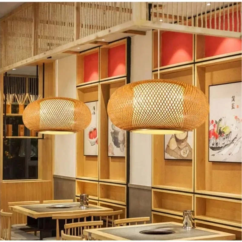 JOYINLED Wide Lantern Shade E27 Handcrafted Chandelier Ceiling Light Chinese Stylel Indoor Bamboo Pendant Lamp Decor for Bedroom