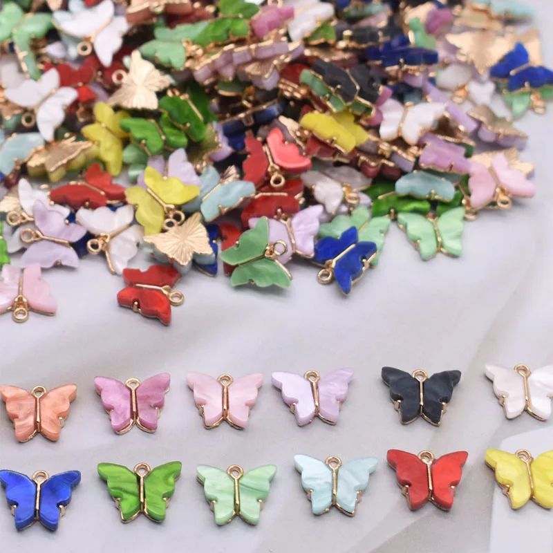 10Pcs 13mm Mixed-color Colorful Resin Alloy Metal Butterfly Charms Animal Pendant For DIY Bracelet Necklace Jewelry Making