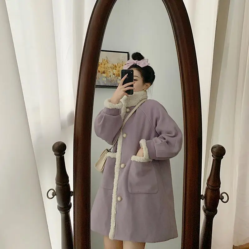 

Cashmere Long Woolen Coat Women Violet Winter Ruched Sweet Harajuku Oversized Streetwear Girls