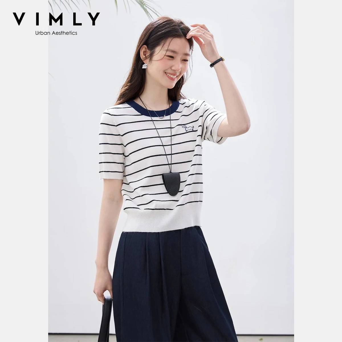 

VIMLY Women's Striped Knit T-Shirt 2026 Summer New Commute Preppy Color Block Striped Crew Neck Casual Short Sleeve Top 30875