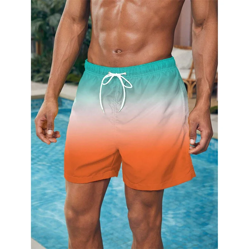 Gradient Color Block Graphic Beach Shorts For Men Colorful 3D Print Board Shorts Casual Breathable Short Pants Loose Swim Trunks