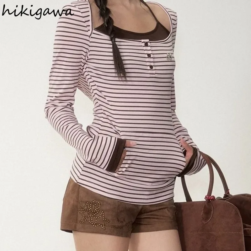 

Striped Long Sleeve T Shirts Women's Clothing Patchwork Tunic Tees Korean Camisetas Casual Fashion Tshirt Tops 2025 Ropa Mujer