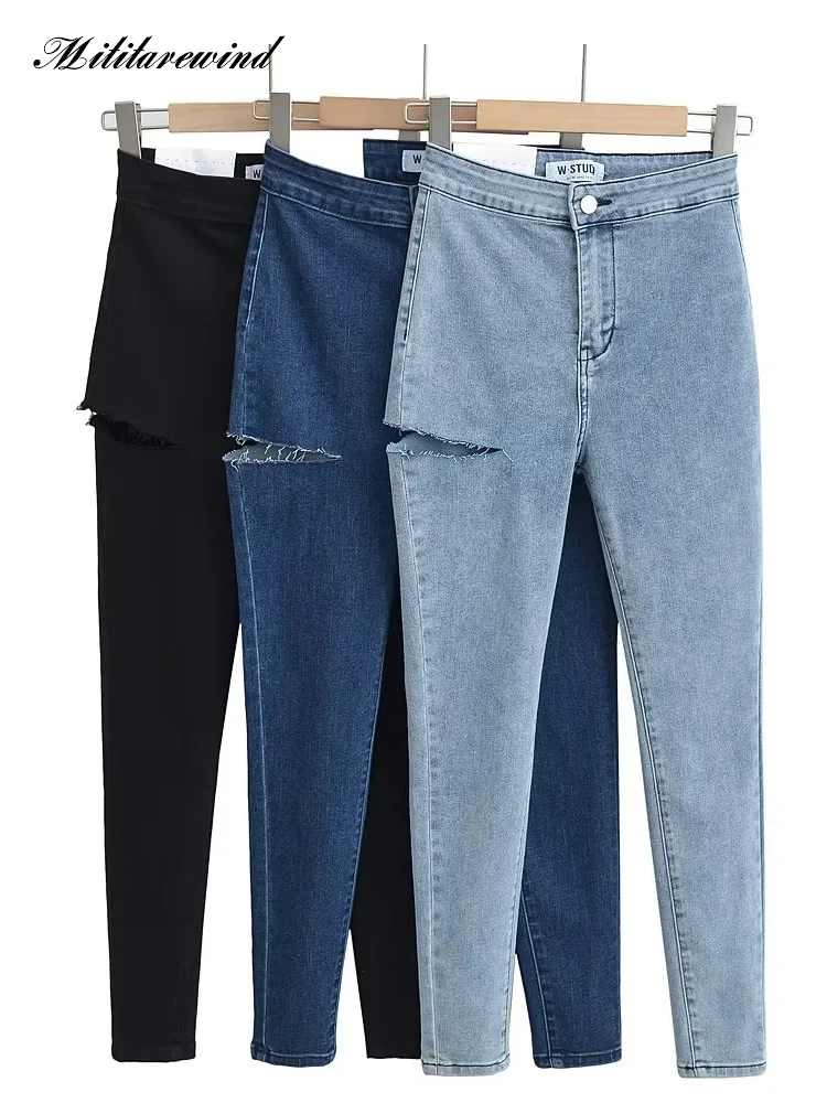 

High Waist Denim Pants Women Fashion Cut Hole Solid Color Elastic Tight Pencil Pants Korean Fashion Black Blue Jeans For Women