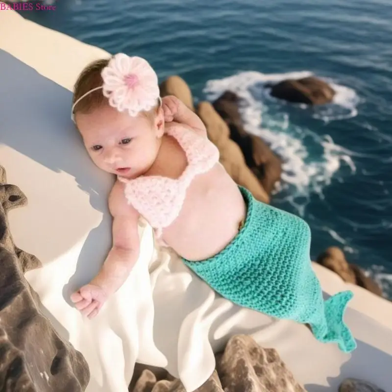 c9GB 1セット新生児の海上写真小道具編みドレス＆ヘッドバンお祝い
