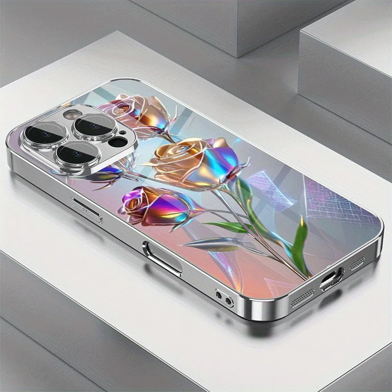 

Colorful Art Tulip Pattern Electroplated Glass TPU Phone Case For iPhone 17 16 Pro Max 15 Pro 14 Plus 13 12 11 17 Air 16E Cover