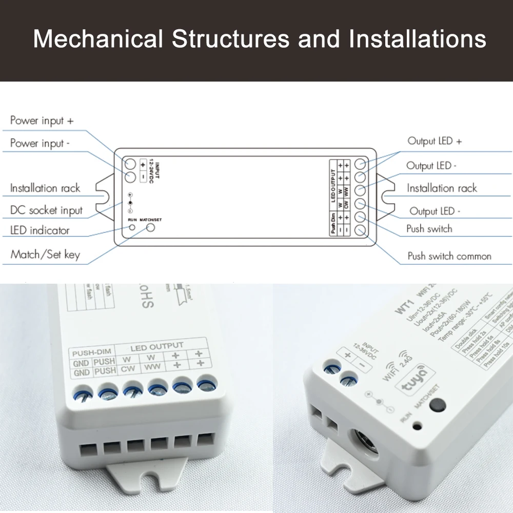 LED Smart Dimmer 2 CH 12V 24V 36V CCT LED Strip Dimming Controller Kit 2.4G RF Remote Control 4 Zone Touch Switch For TUYA Wifi