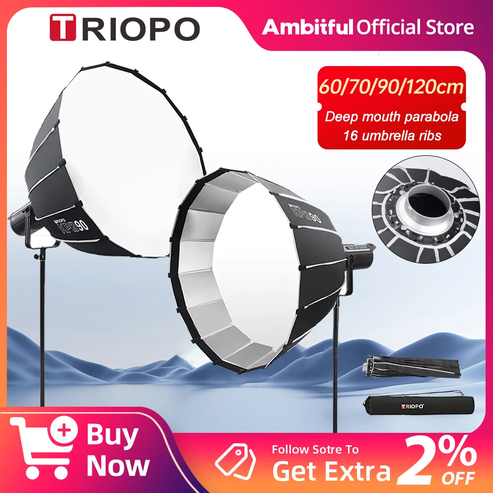 

TRIOPO KP2 Parabolic Softbox 60/70/90/120cm Bowens Mount for Sokani X100 COLBOR Godox Aputure LED Video Light vs Godox QR-P