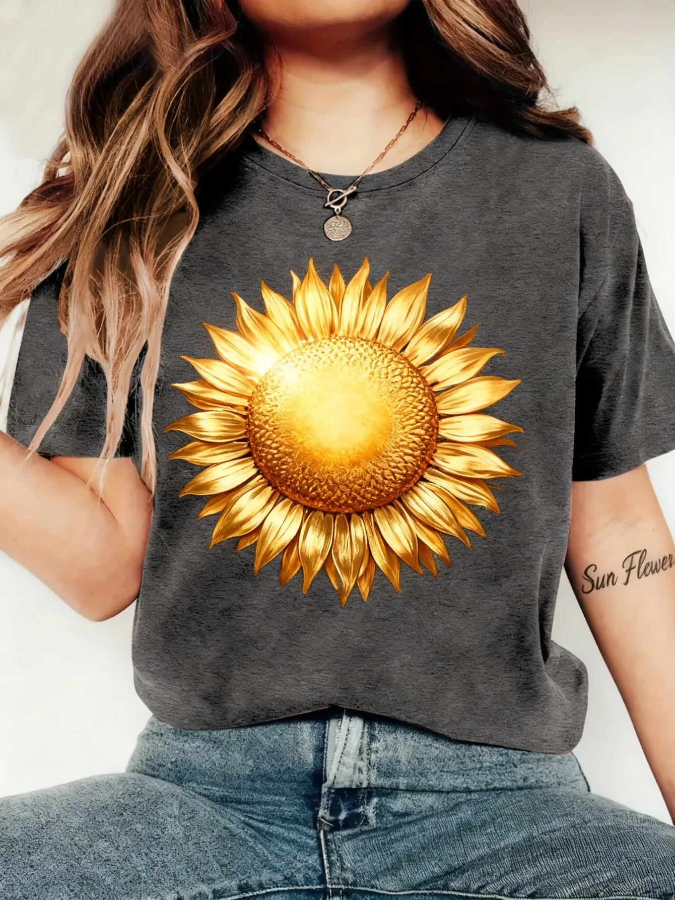 

Plus size women's short sleeve T-shirt Golden Sunflower Design Print Everyday comfortable versatile style summer outfit women's
