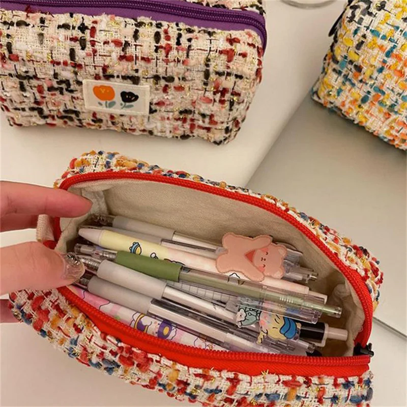 Pencil Case Woven Flower Pattern Zipper Closure Large Capacity Dust-proof Storage Polyester Easy To Carry Stationery Bag