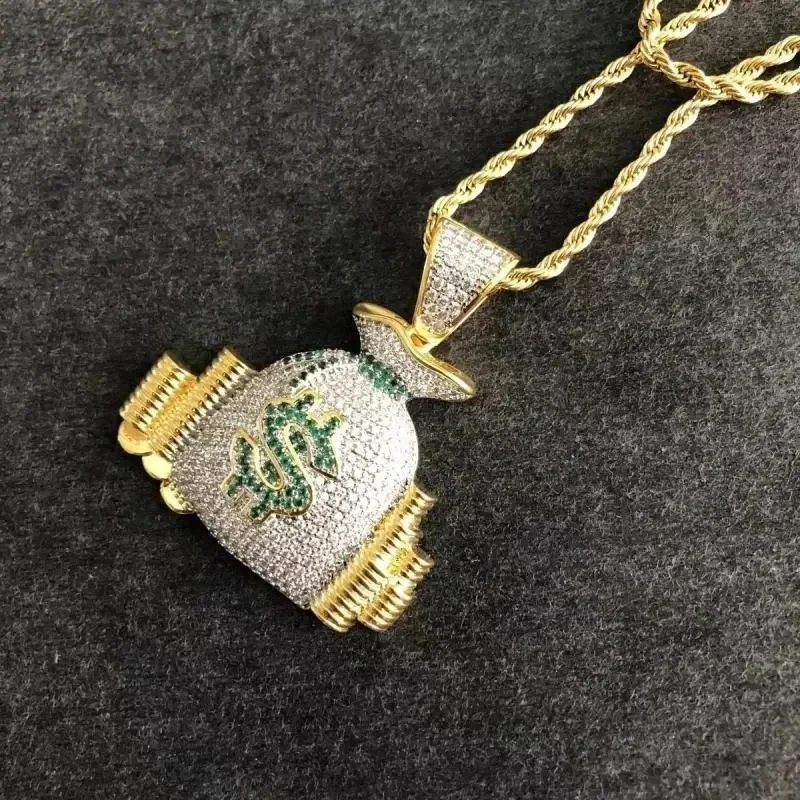 Iced Out Dollar Money Bag Necklace Shiny Cubic Zircon Wallet Pendant Men Women Hip Hop Rock Rap Jewelry