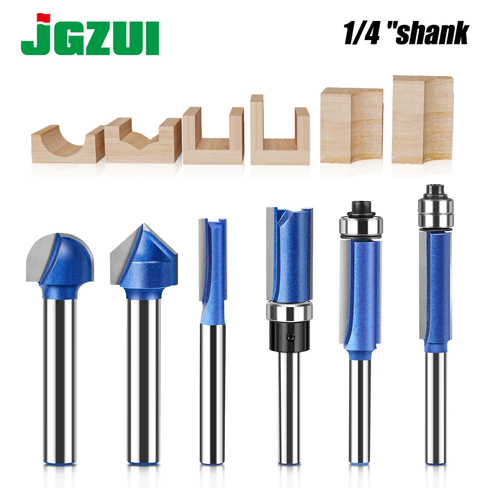 1-4Pcs 1/4 inch Shank Professional Woodworking Milling Cutter,Bearing Straight Router Bit,90 Degree V Slotting, Round Bottom