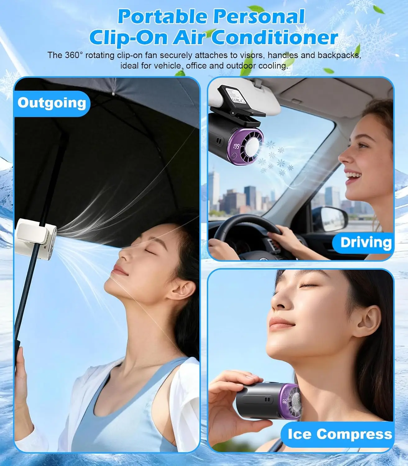 2026 Car Clip On Air Conditioner Fan With LED Display, Car Clip On Air Conditioner, 16°C Semiconductor Cooling Chips, 199 Speeds
